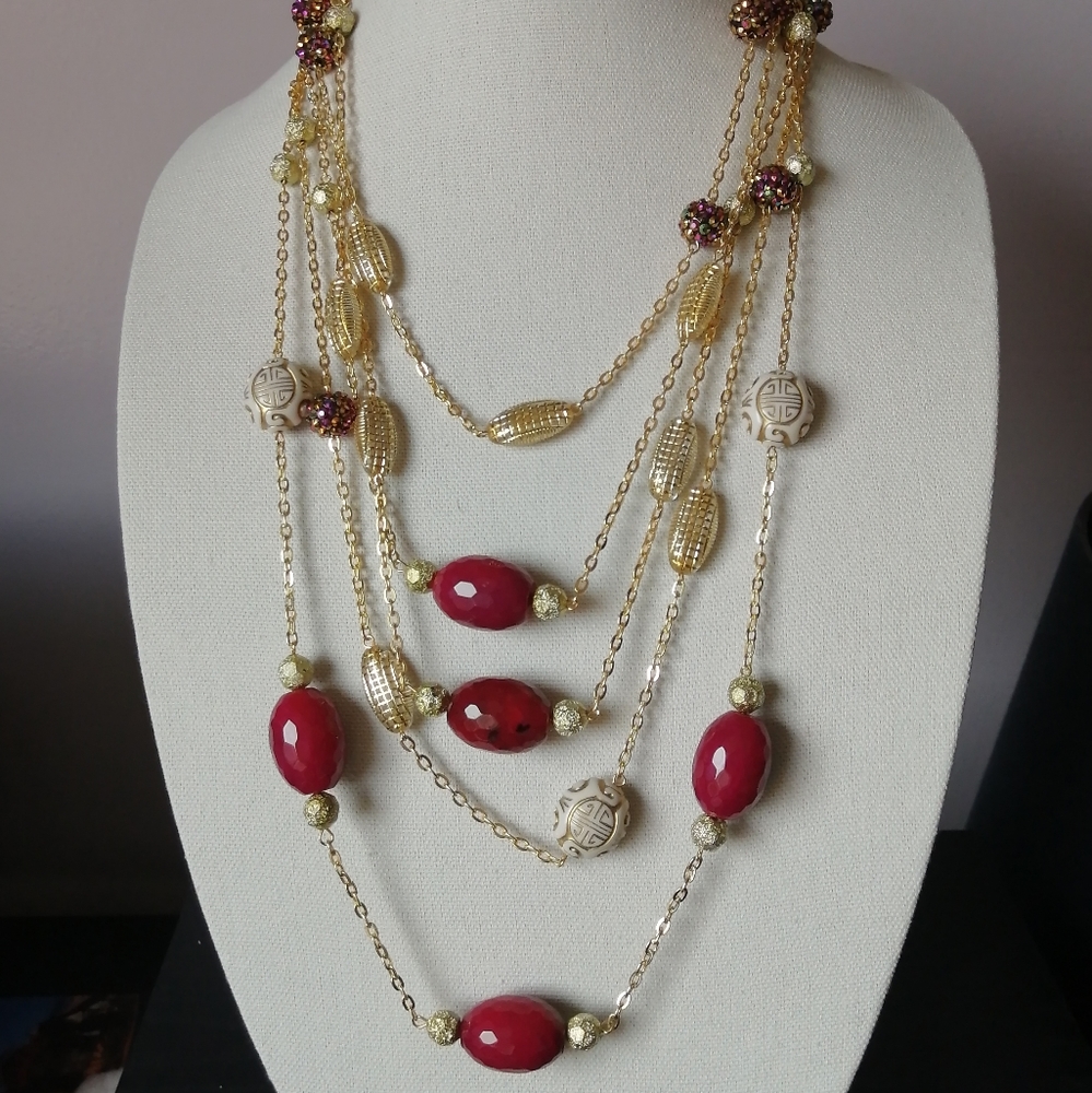 Bohemian Red Agate Necklace Beaded Goldtone Indian Wells by Amrita Singh
